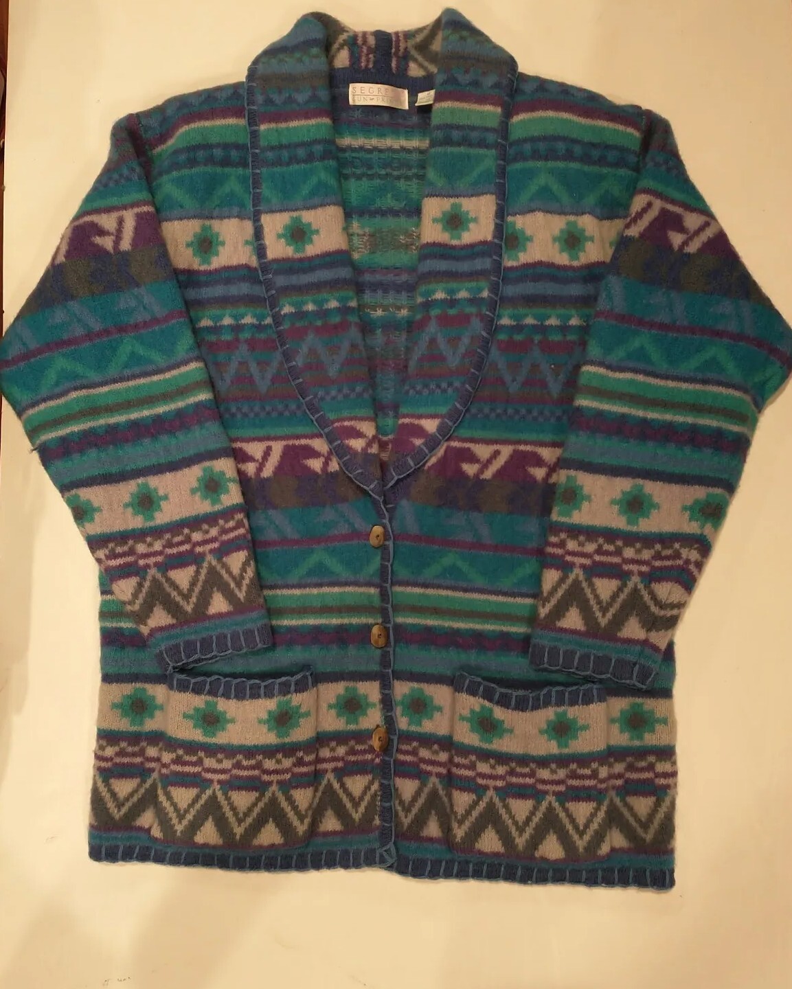 Vintage Segrets Sun Prints 90s Womens Size M Tribal Wool Cardigan Sweater Blue