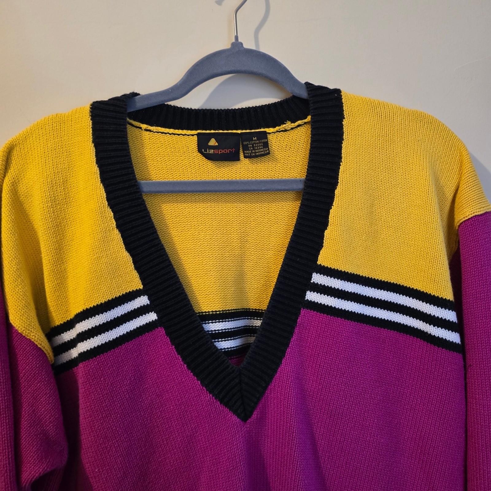 Lizsport Vintage Colorblock V-Neck Sweater Yellow Pink Blue Cotton Womens Medium