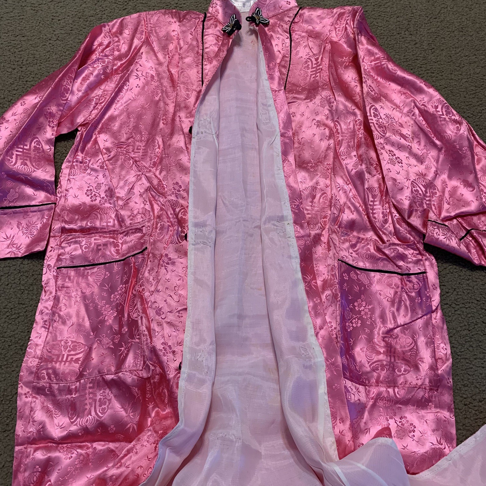 VTG 60s Chinese Satin Bright Pink Floral Brocade Handmade Bath Robe Housecoat M
