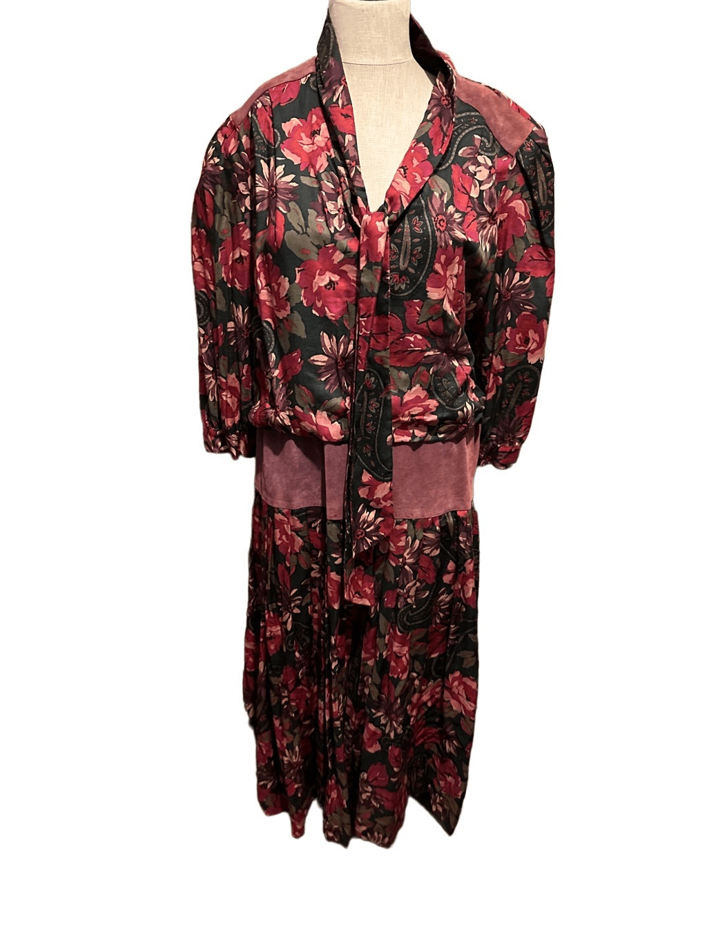 Vintage Lindsey Blake Womens Floral and Suede blouson Style Midi Dress Size 18