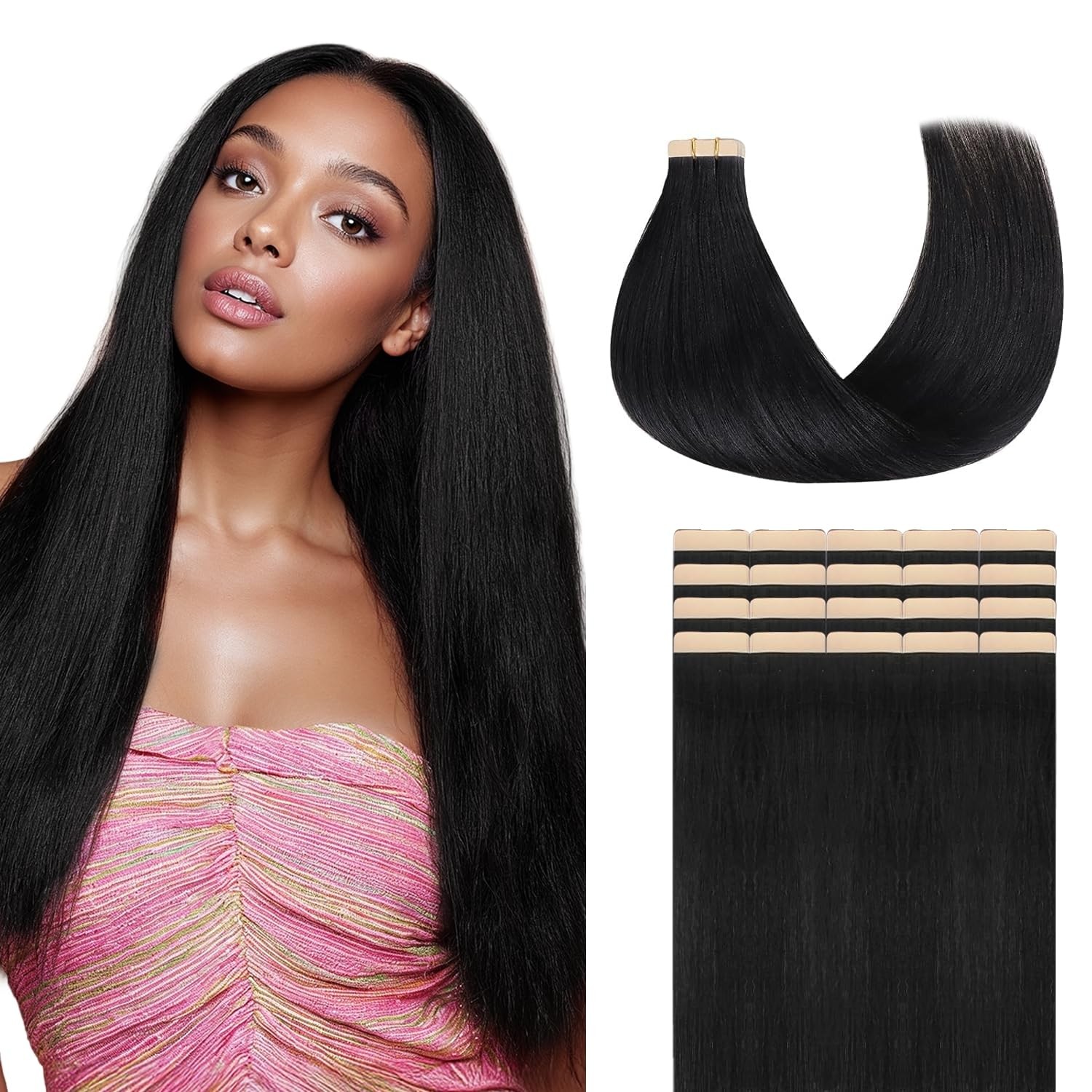 Lashey Tape in Hair Extensions Yaki Straight 20pcs 50g Soft Invisible Tape ins 1