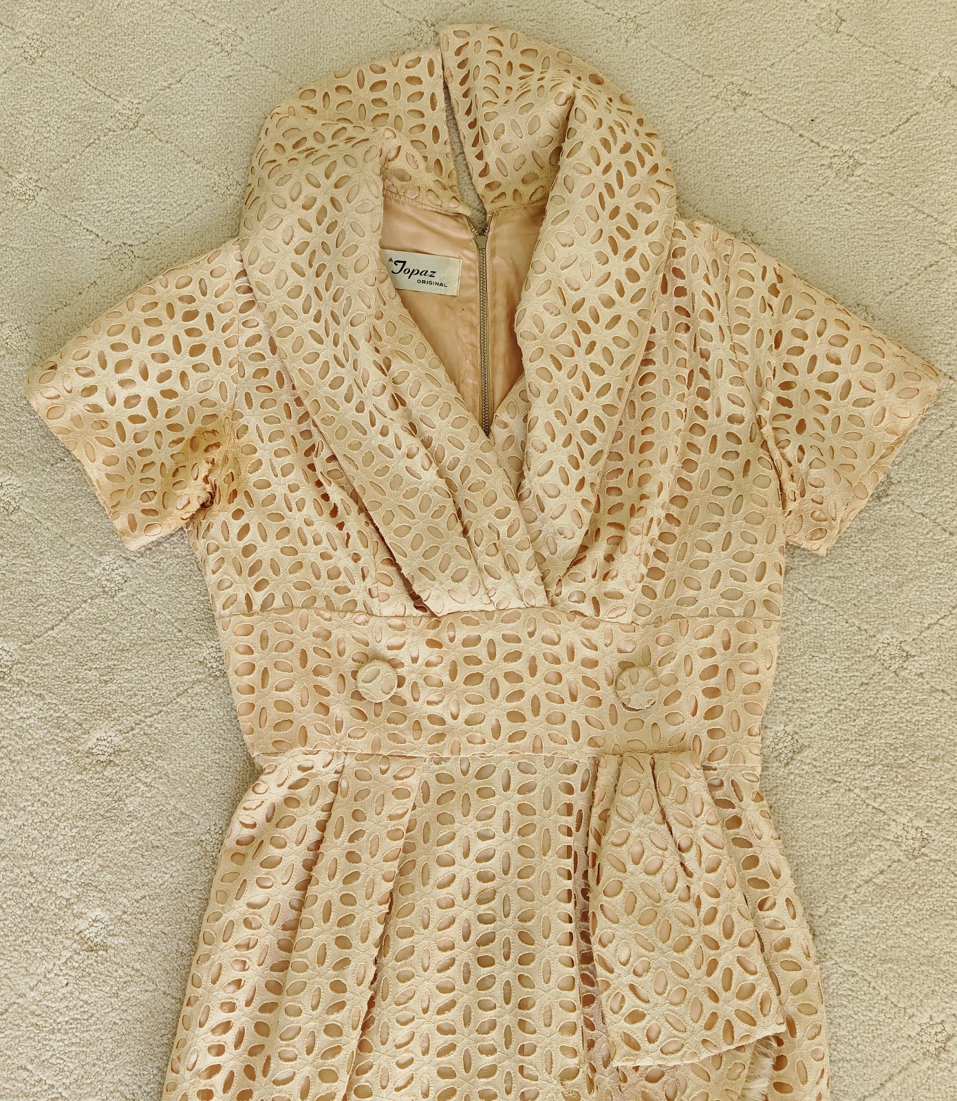 Vintage TOPAZ Original Women’s Dress with cut out eyelet LACE Tafetta 1980s 90s