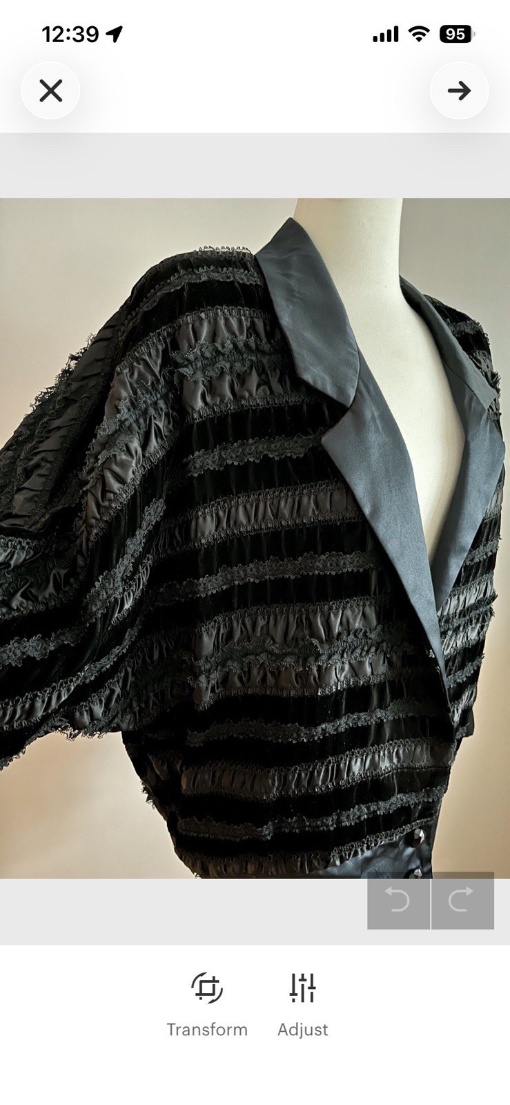 1980s Black Ruffle Satin Velvet Dolman sleeve avant garde jacket