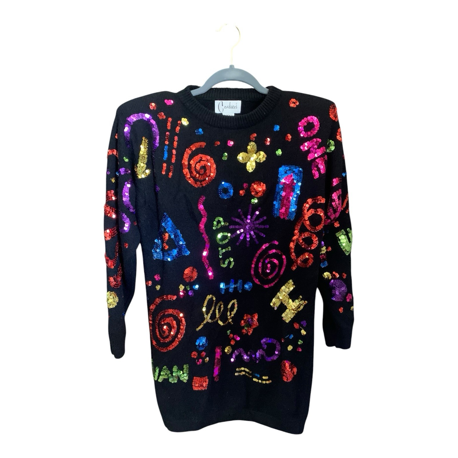 Vintage Carducci Wool Angora Blend Long Sweater Size S Sequins Black 1980s