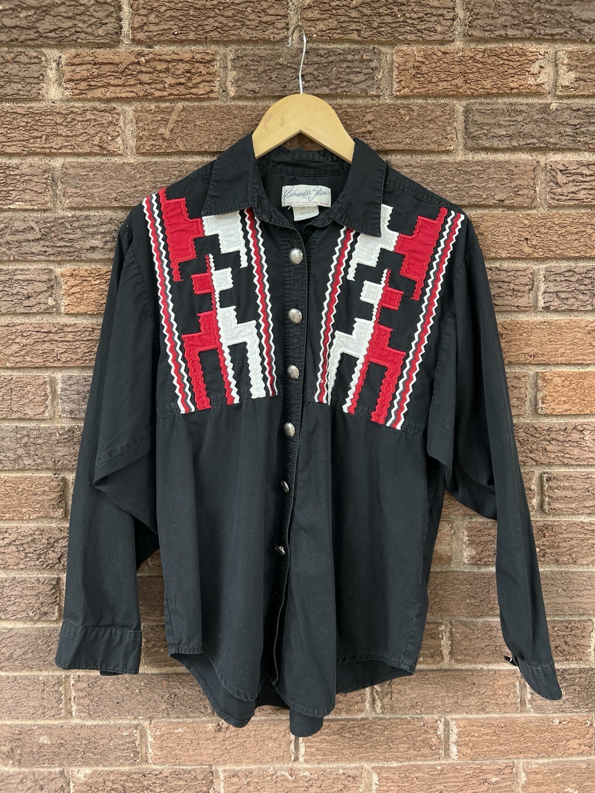 Vintage Panhandle Slim Western Shirt Medium Embroidered Black, White, & Red