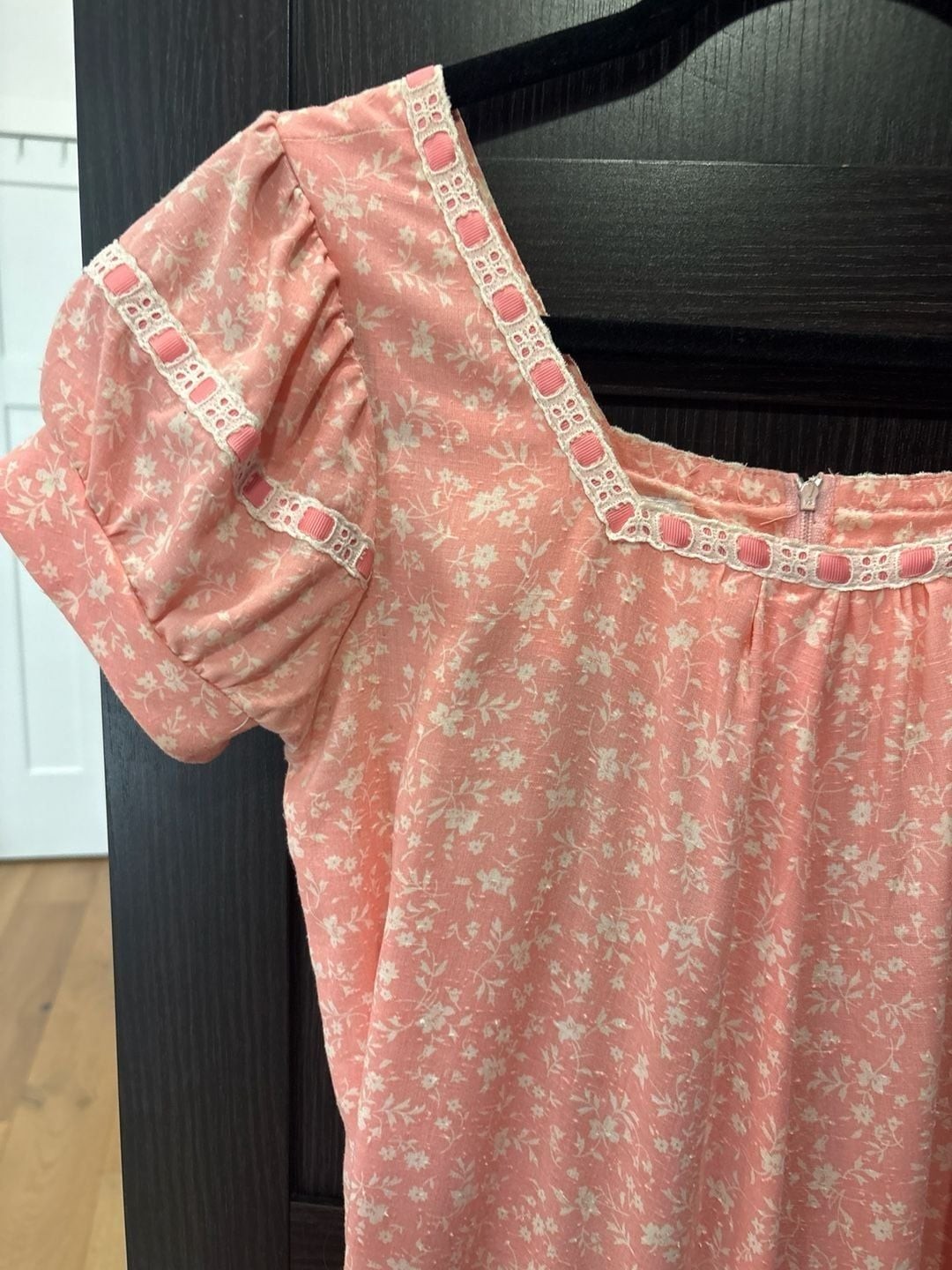 Vintage Hilda Hawaii Pink Floral Muumuu Maxi Dress with Lace Trim and Ruffled He