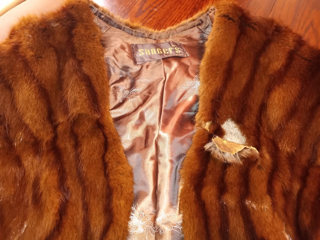 Vintage Sanger Dallas TORN Mink Stole Cape SATIN LINED Dark BROWN For Craft (58