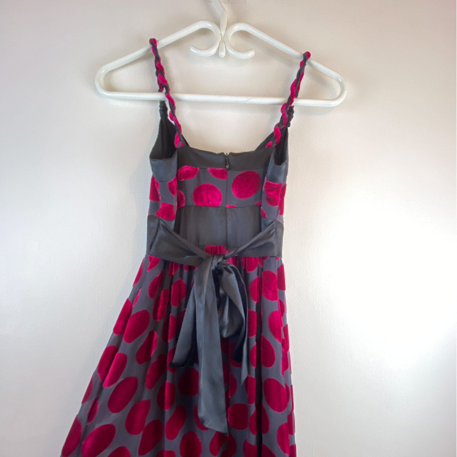 Voom Joy Han 90s Y2K Silk Velvet Polka Dot Maxi Dress XS Pink Fuchsia Black Goth