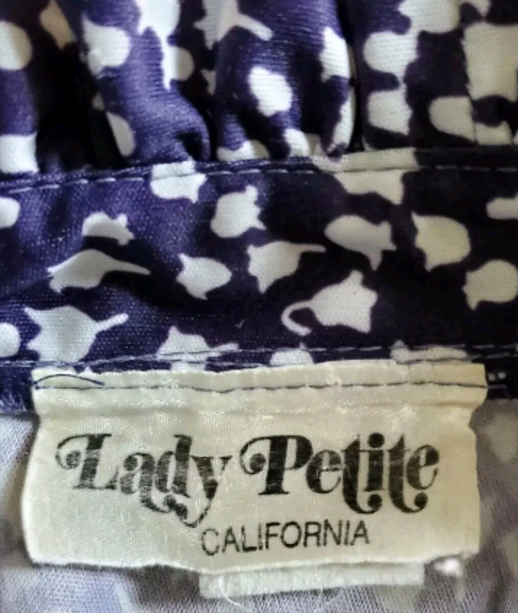 VTG 70s Jersey Blouse Dark Indigo Blue w Pussy Bow, Lady of the Valley Pattern S