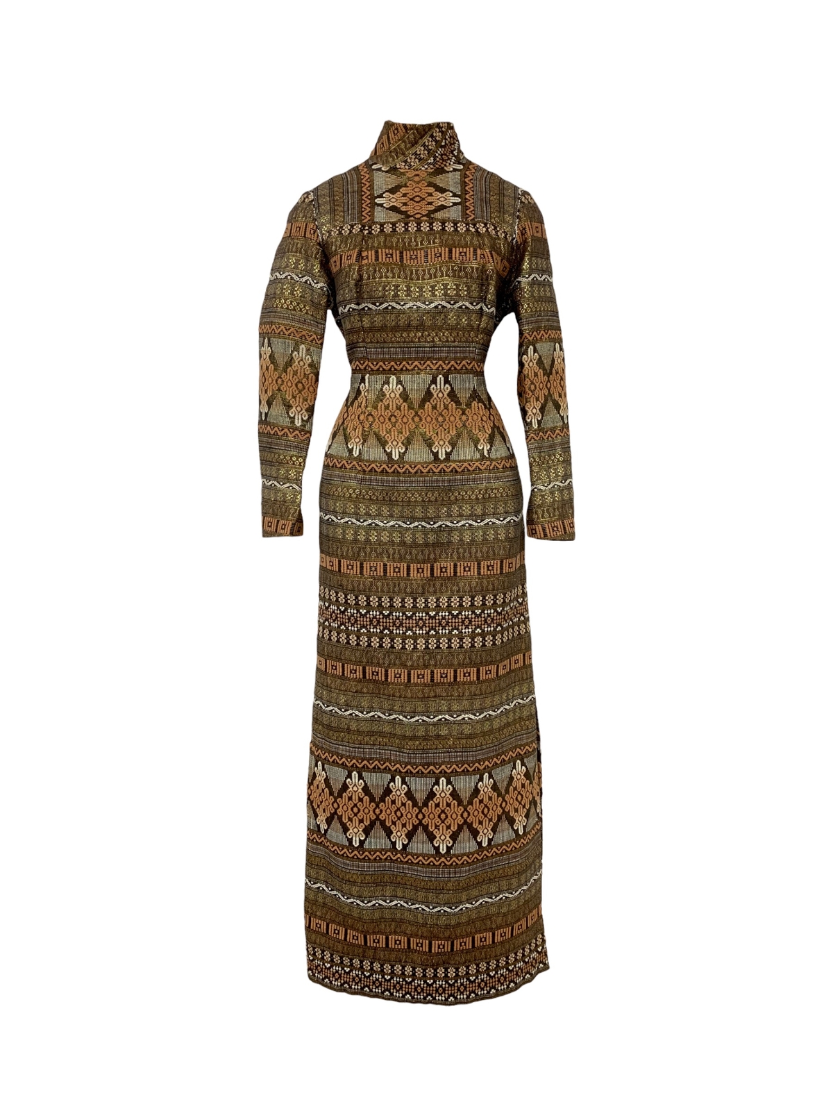 Vtg Vintage 1970s 70s Woven Metallic Geometric Textile Ethnic French Lady Dress
