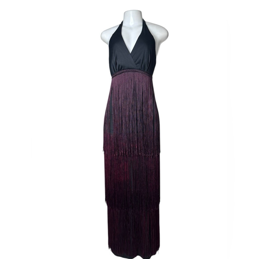VTG 70s Jack Hartley Halter Fringe Maxi Dress Black & Plum Ombre Festival 7/8