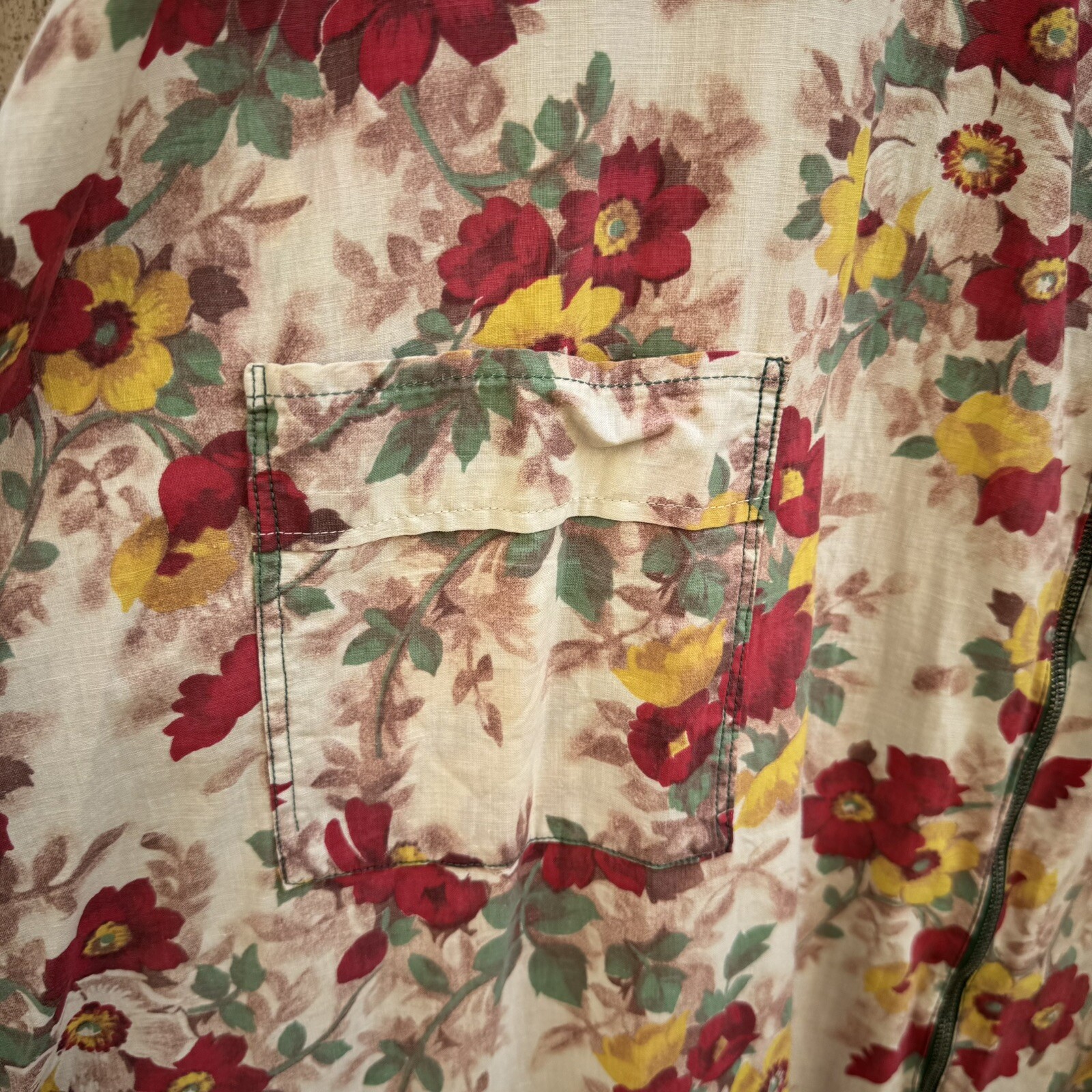 Vintage 1940s White, Red, Yellow, Brown Floral Print Cotton Zipper Dress 1930s