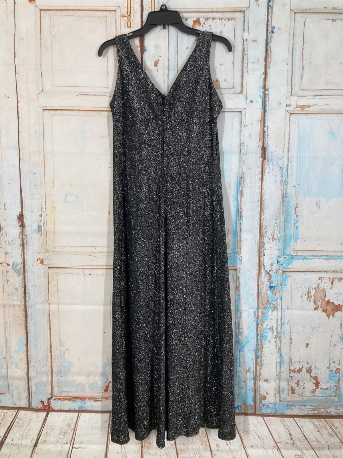 Vintage Janet Lynn Dress Fit and Flare Black And Silver Stretch Formal Zip Back