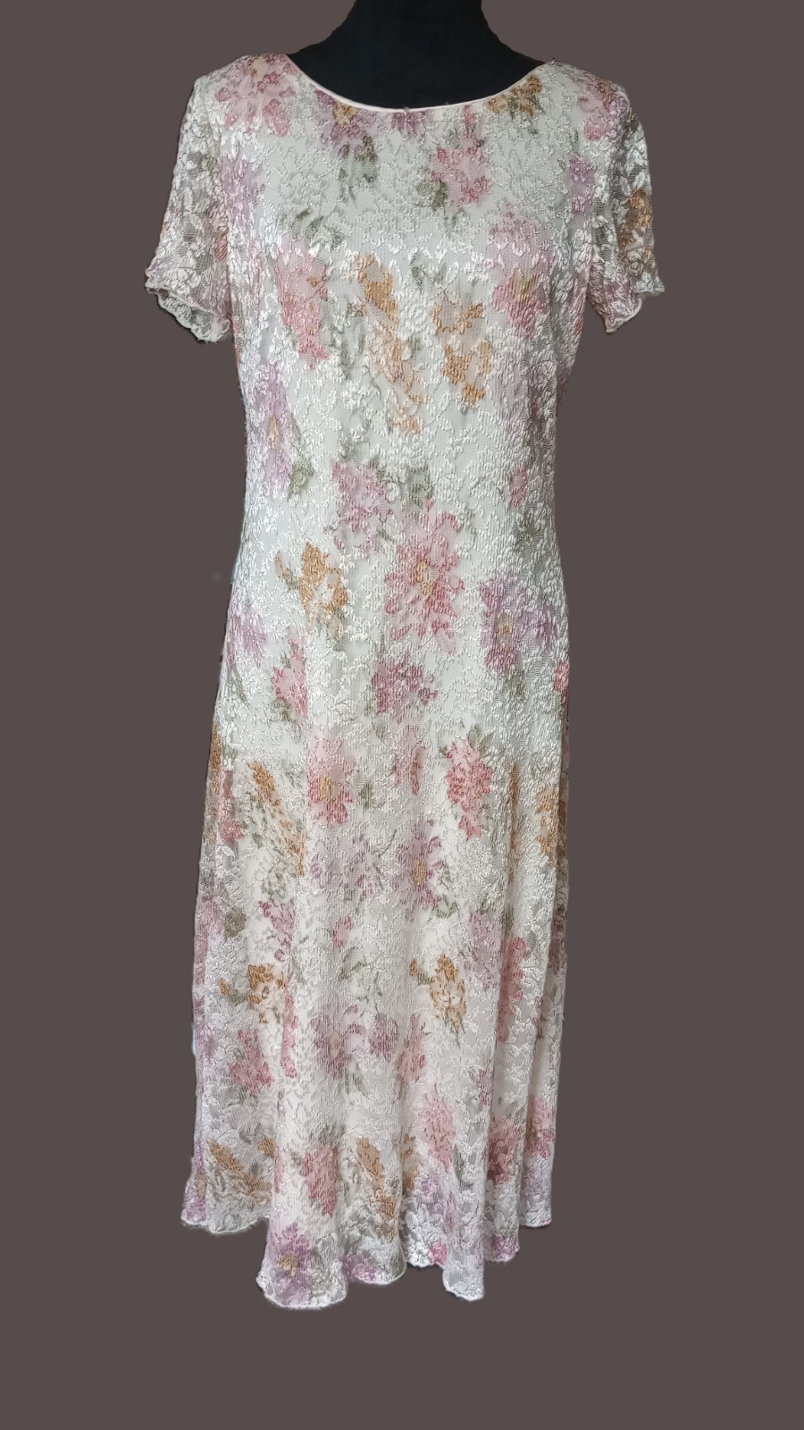 DressBarn Women’s 8 Floral Lace Lined Short Sleeve Maxi Dress, Vtg