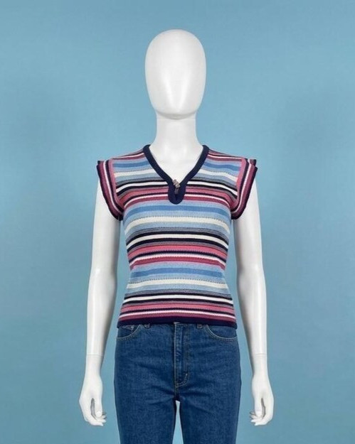 Vintage 1970s Striped Knit Top With Wooden Toggle Button Size S/XS