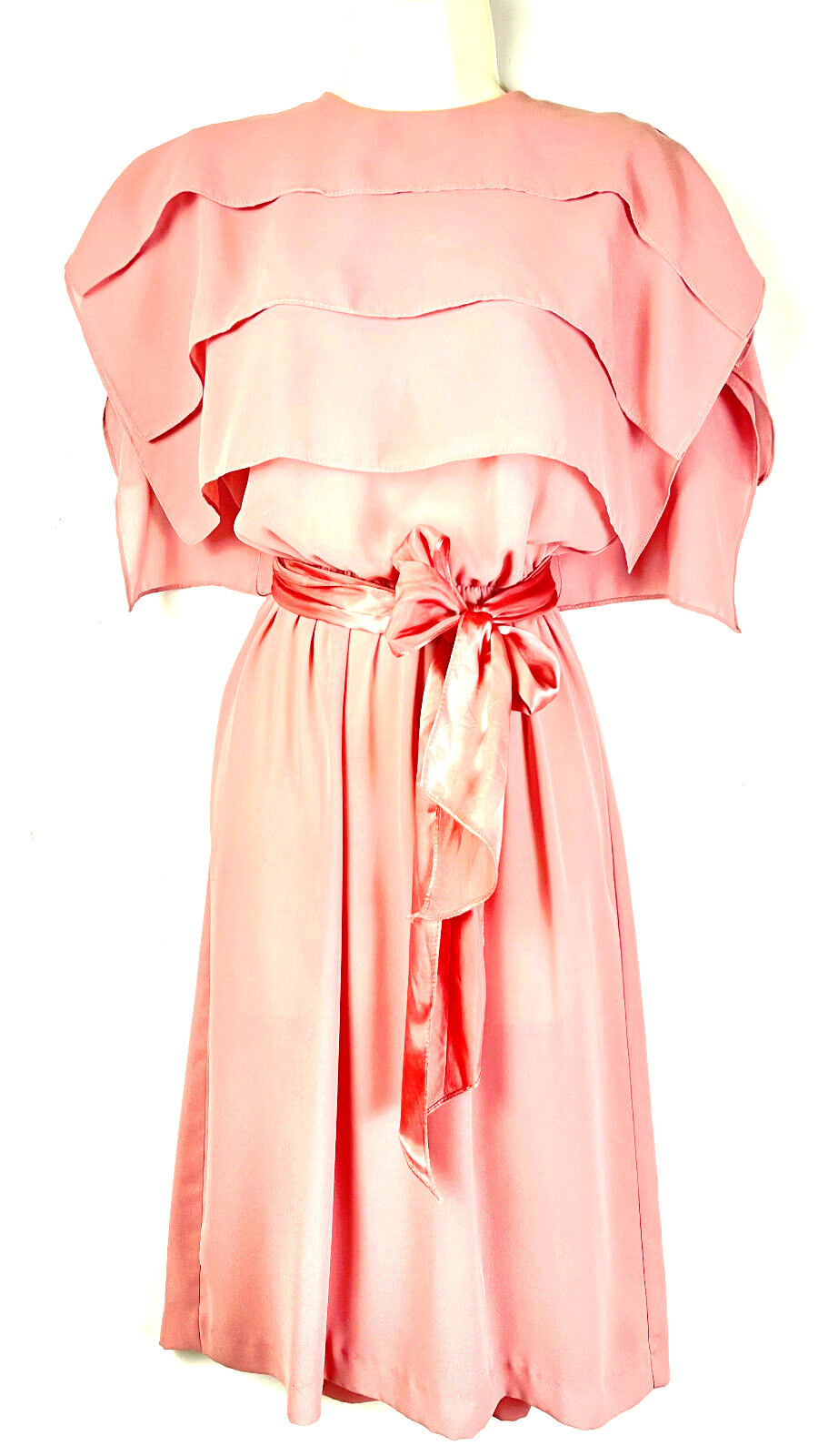 Vtg 70s Mauve Pink Poly Layered Disco Dress Chiffon Butterfly Sleeves Bow Sz 8