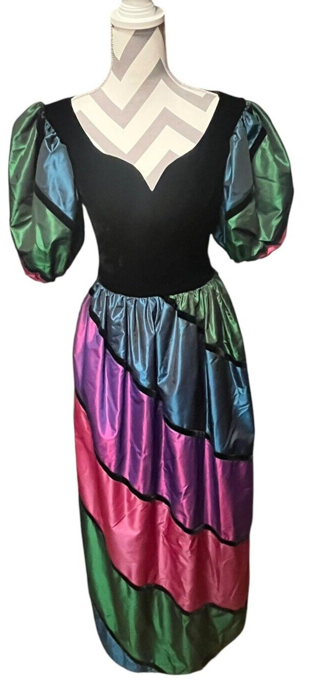 Vtg Nieman’s Victor Costa iridescent Taffeta Black Velvet Petticoat Dress Sz 10