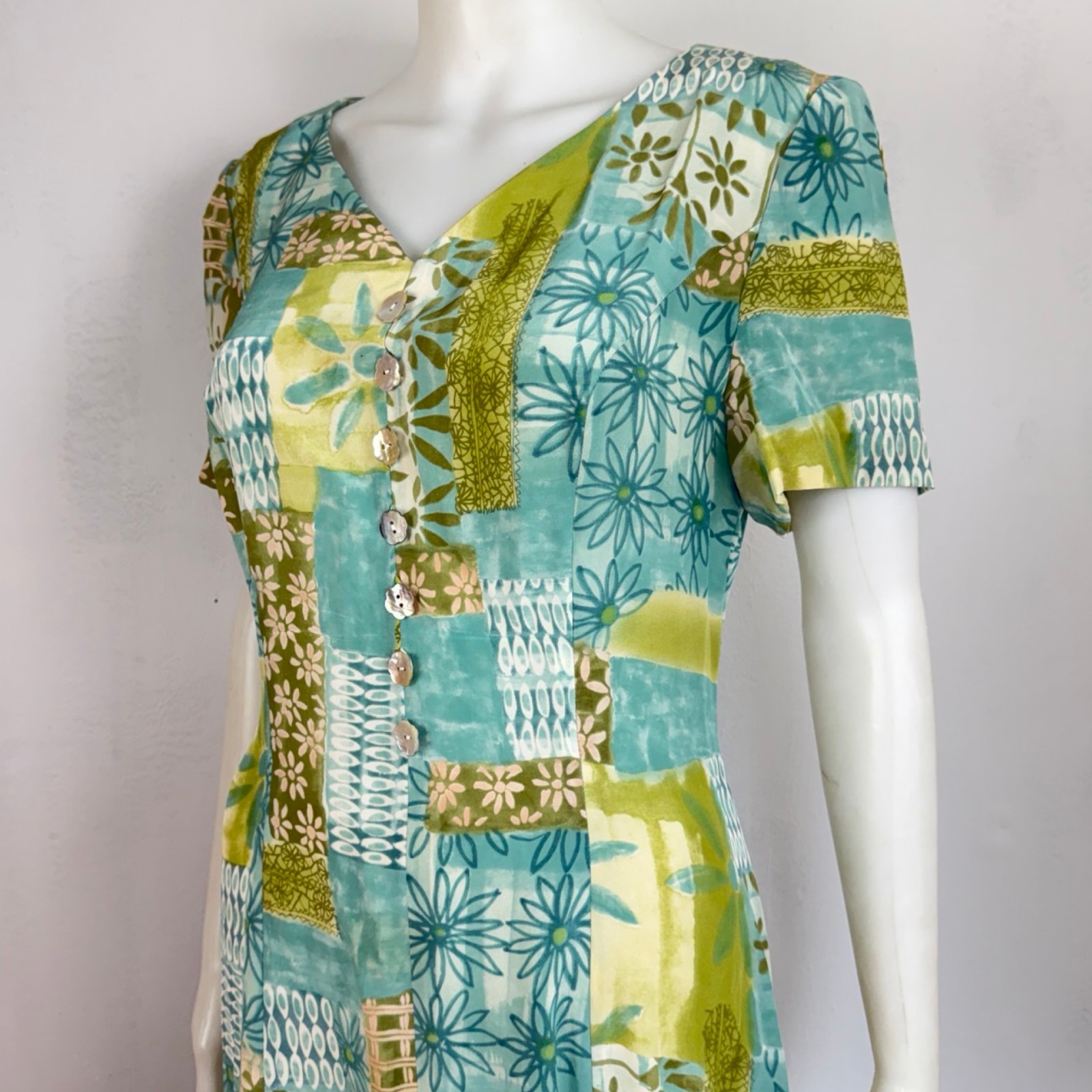Vintage Patchwork Floral Print Silk Dress 90s Maggy London Green/Blue Maxi