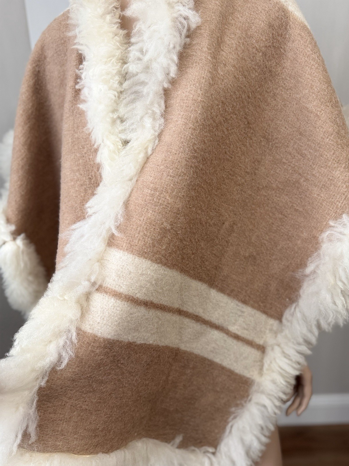 Vintage Boho Shearling Alpaca Trim Wool Cape Poncho Striped Wrap OS