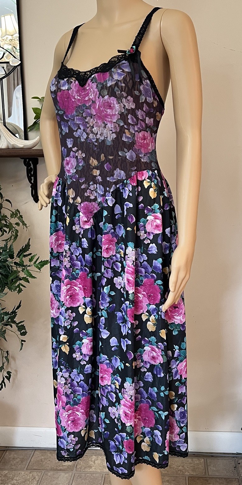 Vtg Feather Bed Intimates Slip Dress M Floral Nightgown Stretch Lace Ballerina