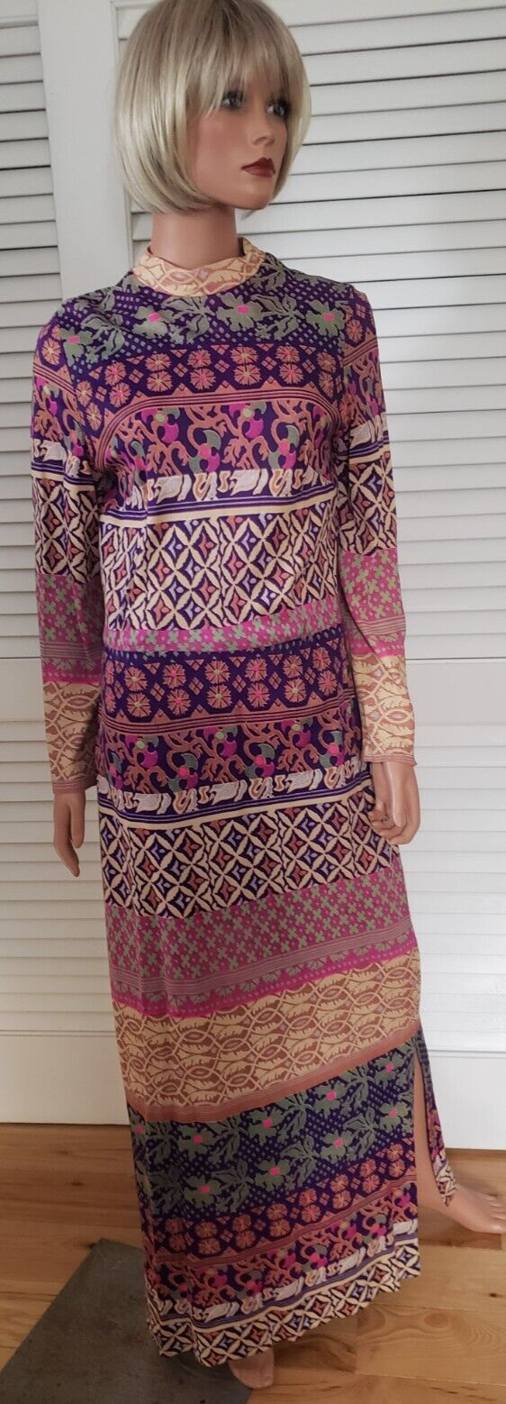 Vintage 1970s Mod Purple Pink Green Orange Beige Column Maxi Dress Size S/M