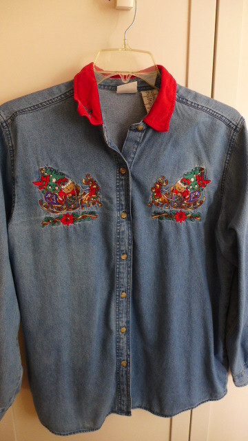 VTG Bobbie Brook Sz XL 16/18 Denim Christmas Shirt Button Down 46 Bust Sled Plus