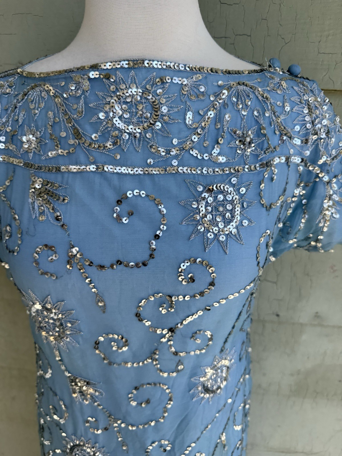 Vtg 60’s Profils Du Monde Beverly Hills Baby Blue Gown Silver Sequins Silk S