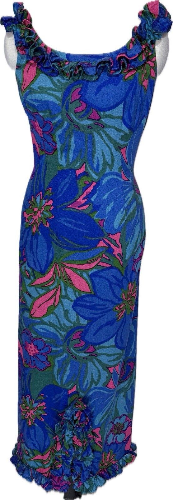 Vintage 1960 Andrade Resort Shops Honolulu Ruffle edged bright Floral Dress.