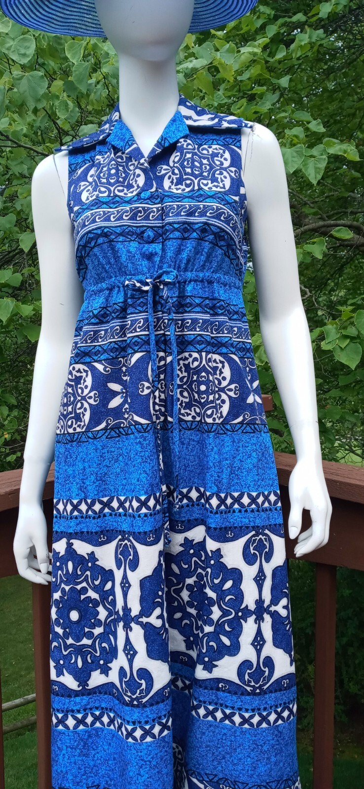 Penneys Hawaii VTG Small Barkcloth Maxi Dress Blue Tropical Sleeveless Collared
