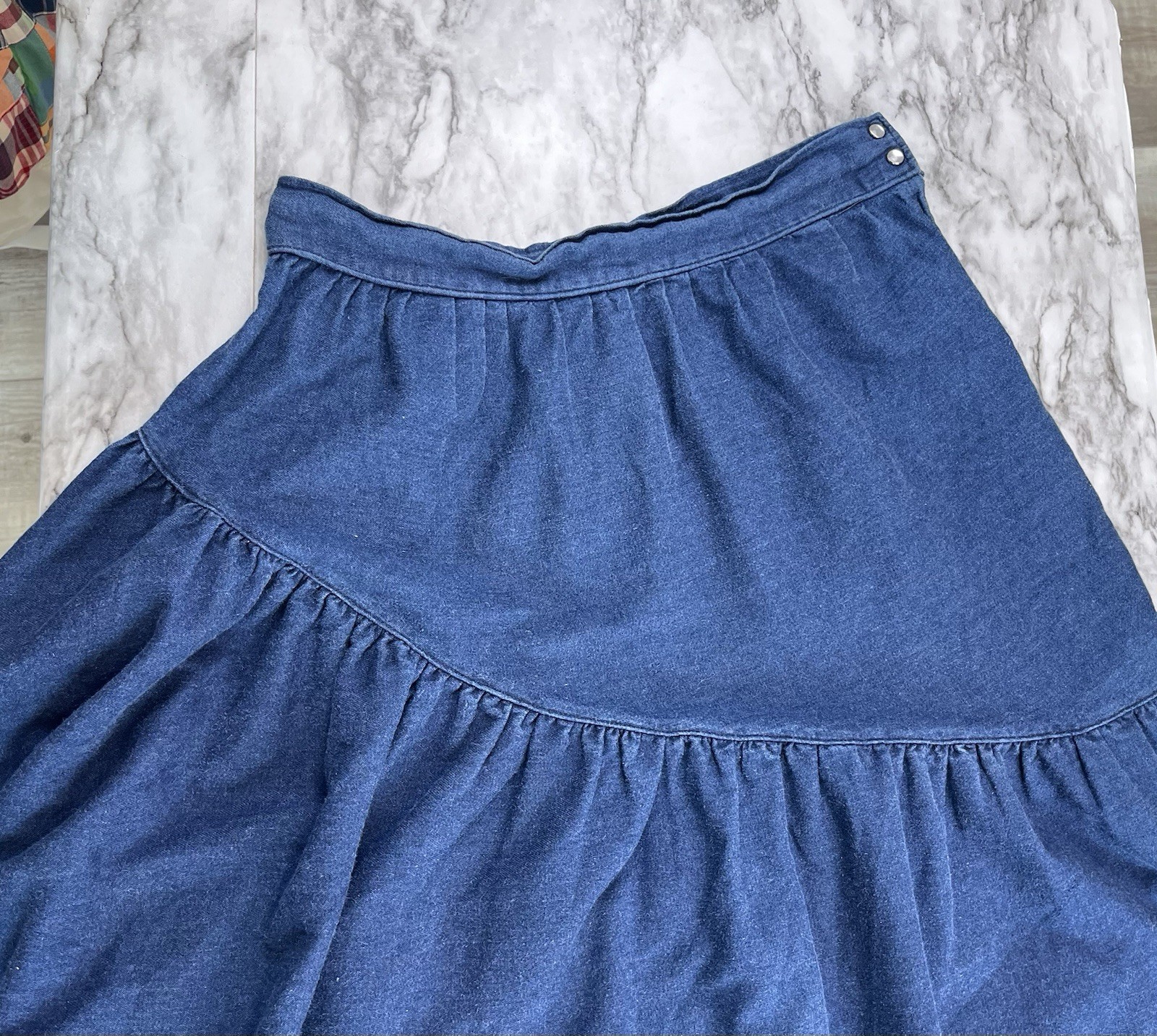 Miss Rodeo America Vtg Denim Skirt Asymmetric Tier Pearl Snap Lace Edge Sz Sm?