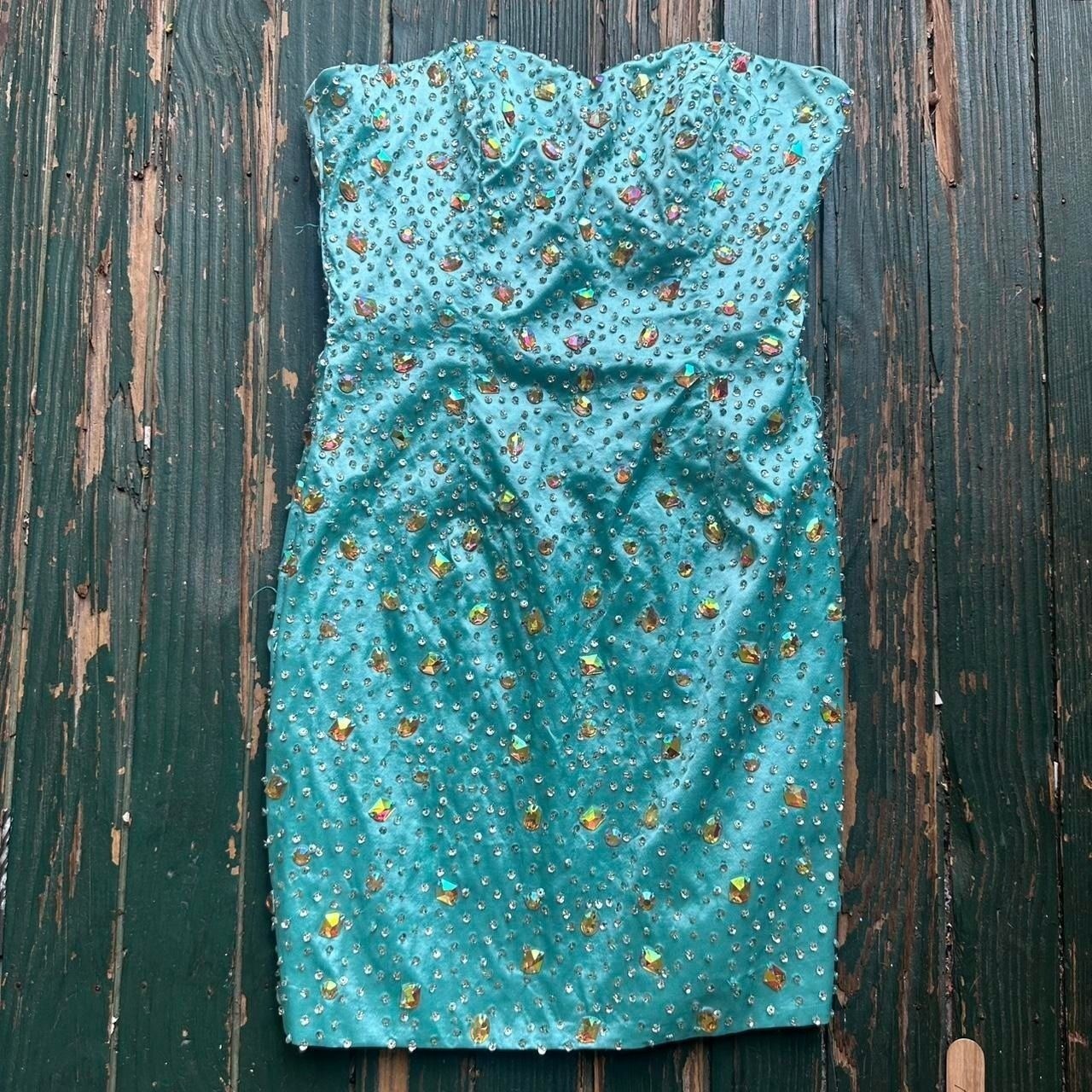 Blue and green diamanté corset dress