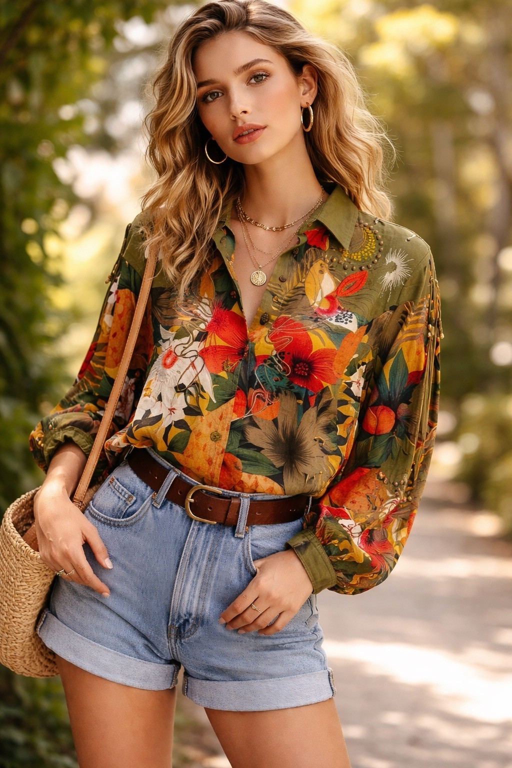 Vintage Marc D’alcy Tropical Embroidered Shirt Sz M Beaded Lace Up Sleeves Art