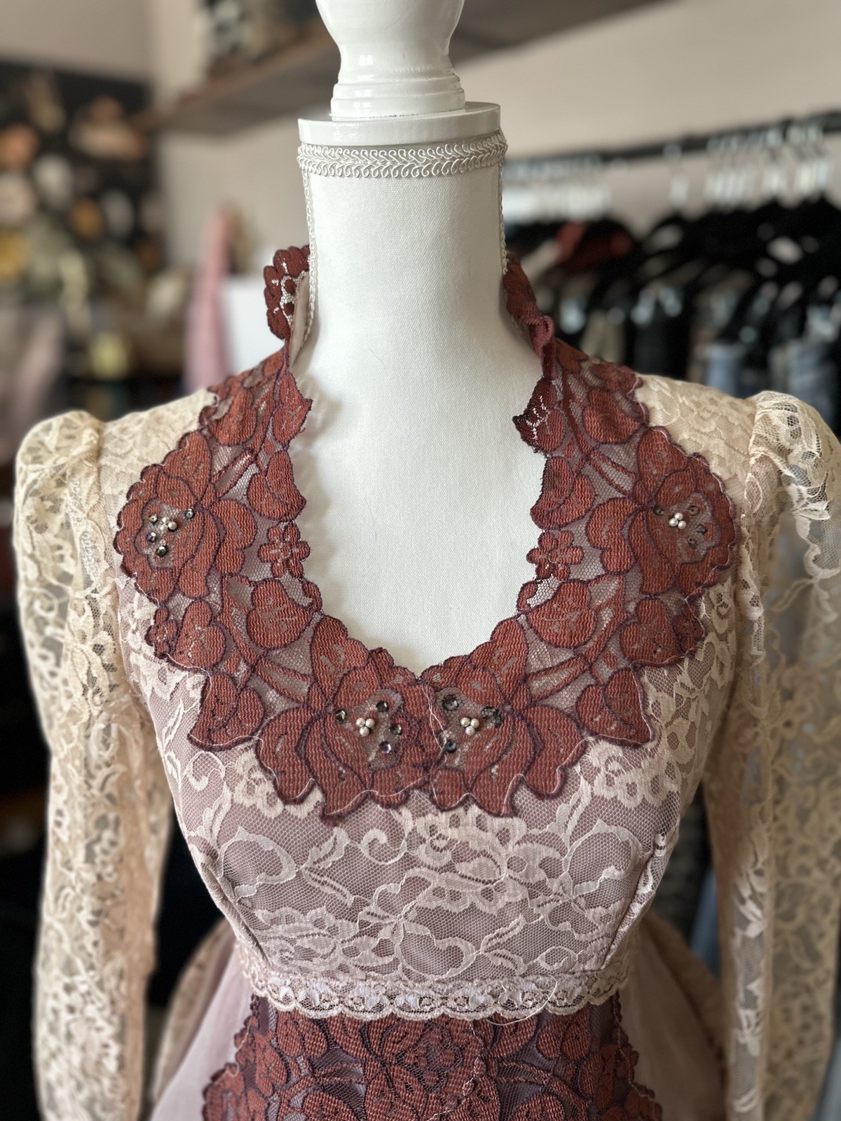 Vintage Union Tag Lace Gown With Beaded Details And Bustled Train