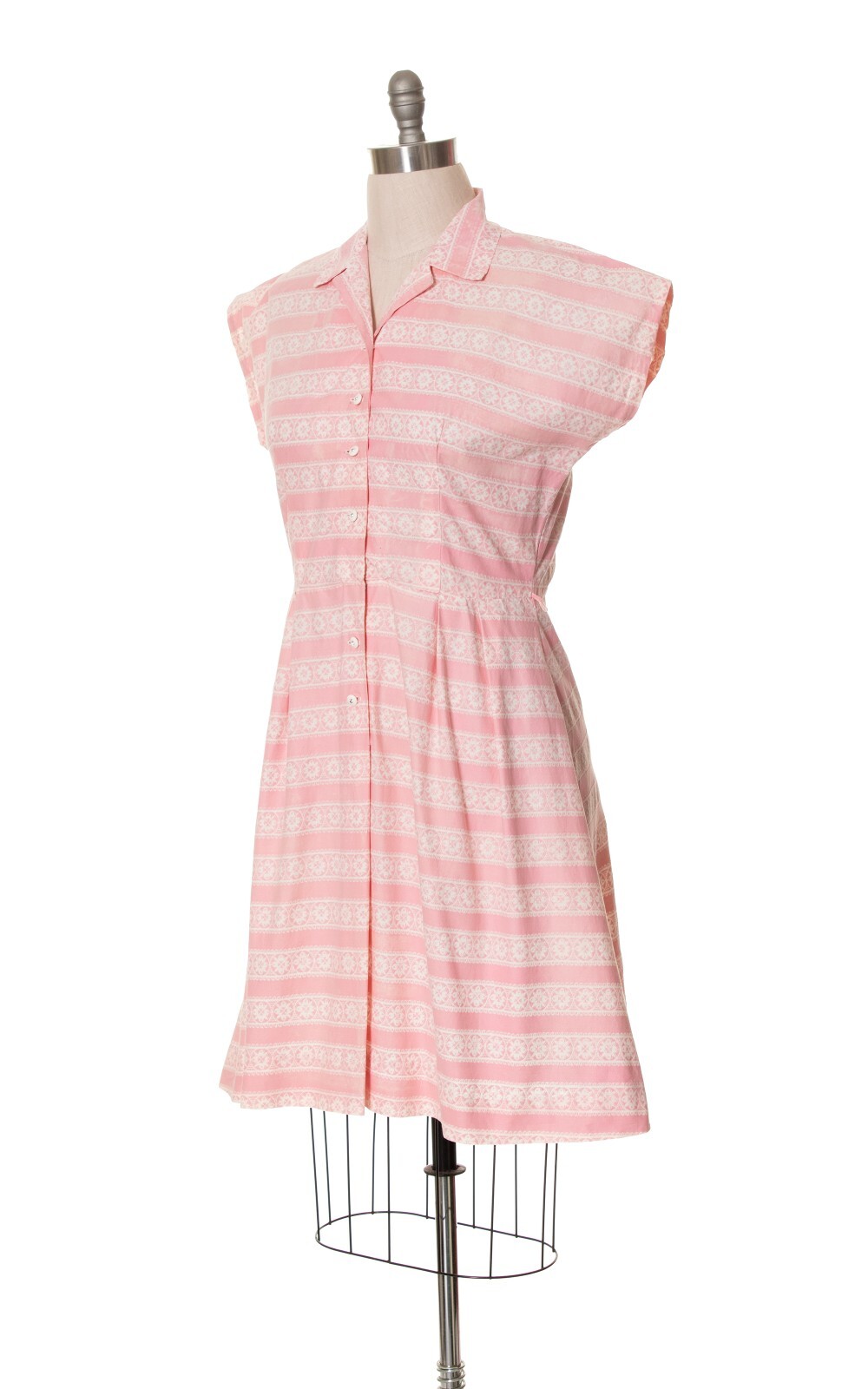 Vintage 1940s 1950s Pink Striped Floral Cotton Shirtwaist Shirt Day Dress Large