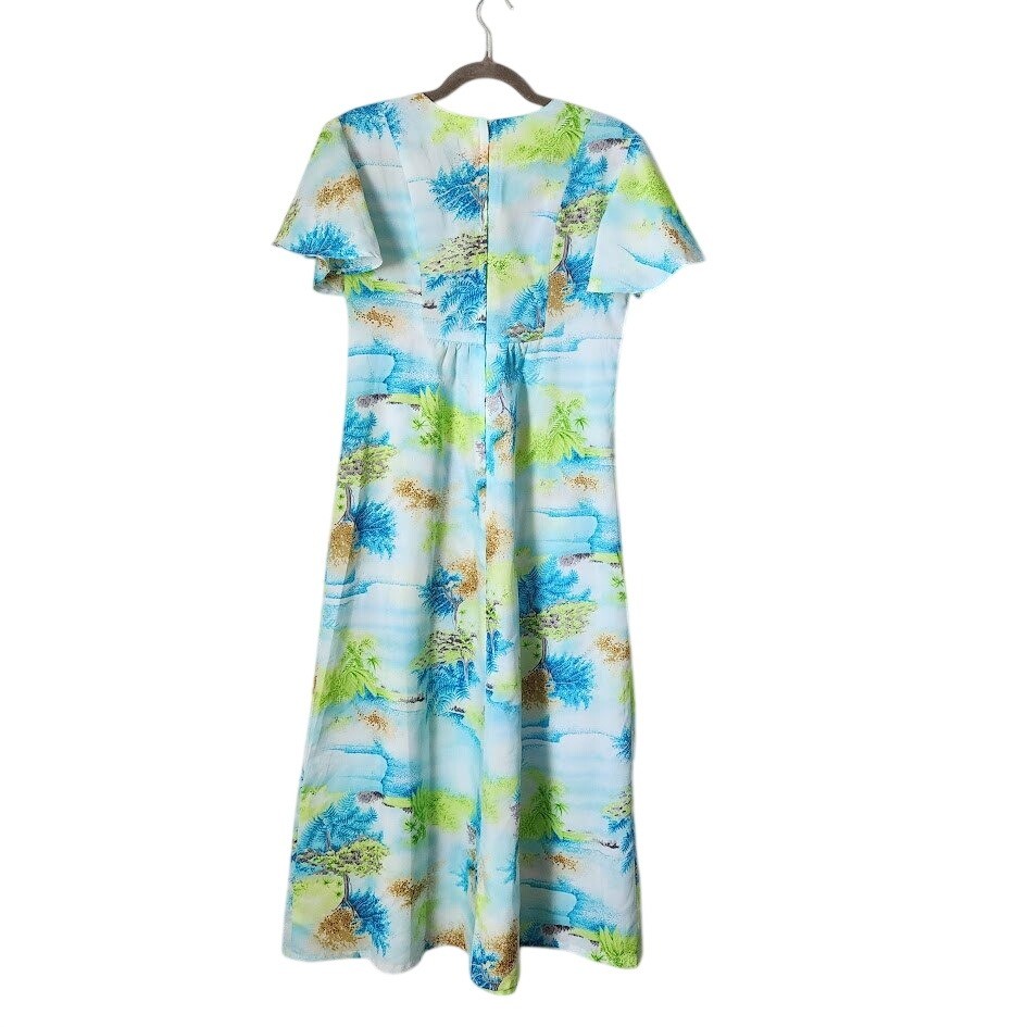 PENNEY’S HAWAII 70’s Maxi Dress Tropical Flutter Sleeve Blue Green Bright
