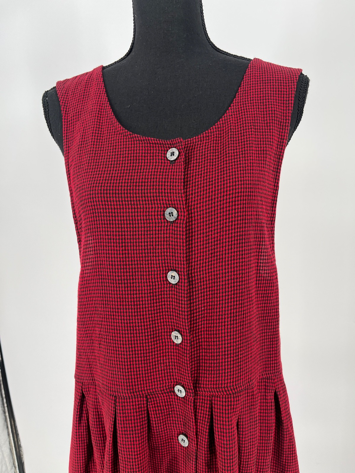 Vtg 90s FADS Red Black Gingham Grunge Dress M Button Front Cottagecore Teacher