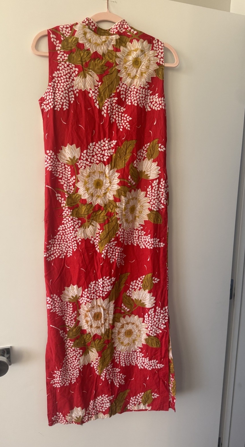 Vibrant red vintage 1960’s Penney’s Adonna floral Hawaiian maxi dress