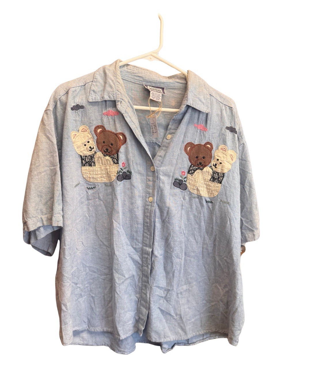 Vintage XXL Light Wash Denim Teddy Bear Cottage Core Button Down Womens Top ￼