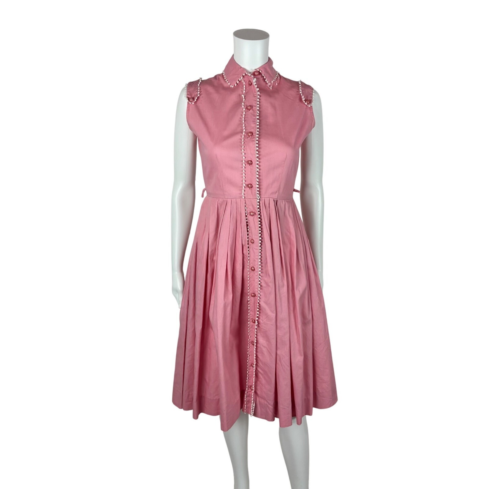 Vintage 50s Pink Shirtdress Women’s Size XXS Cotton Scallop Trim Fit & Flare