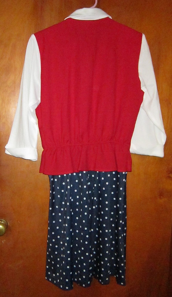 1970s VINTAGE Red vested & Navy blue polka dotted dress w/ white blouse size 10