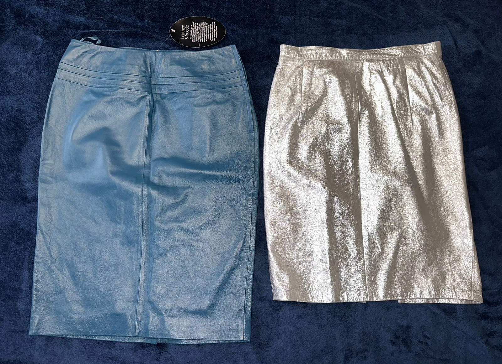 Lot 2 80s/90s Vintage Leather Teal/Silver Pencil Skirts 6,Liilie Rubin/Carabella