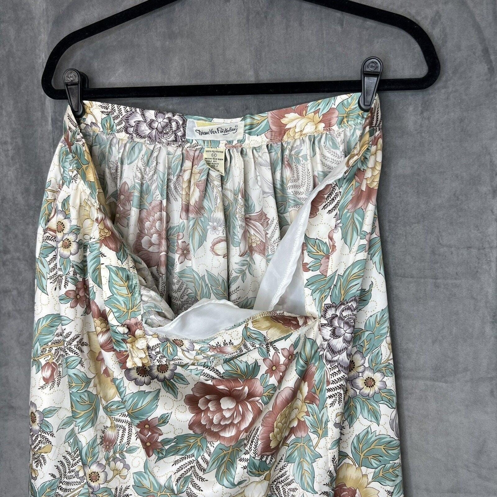 Vintage Diane Von Furstenberg Floral Midi Skirt Tan Pink Green Botanical Sz 12