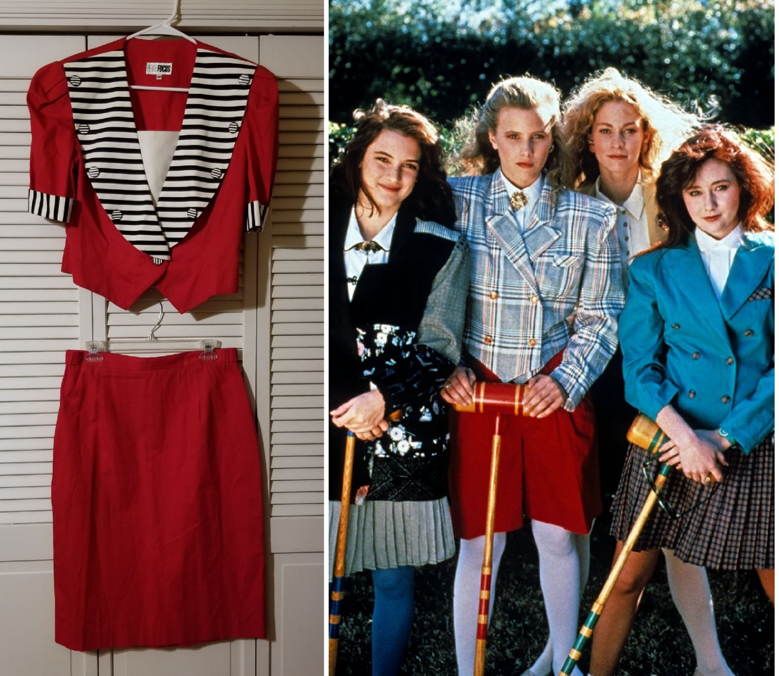Vintage 80’s Petite Focus 14P Jacket Skirt Suit Red Black Puffy Sleeve Preppy