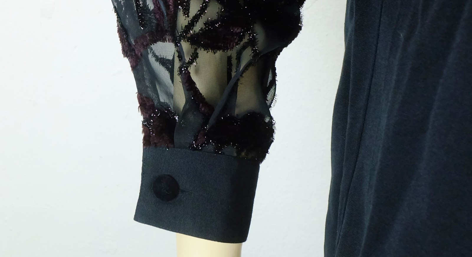 vintage 1980s blouse by yessica black fabric sheer sleeves size M