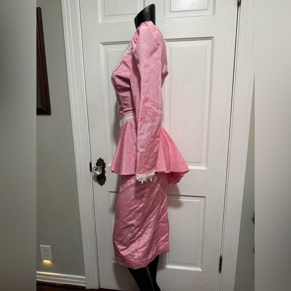 Vintage Pink Lace Womens 1980s 1990s Dress Long Sleeve
