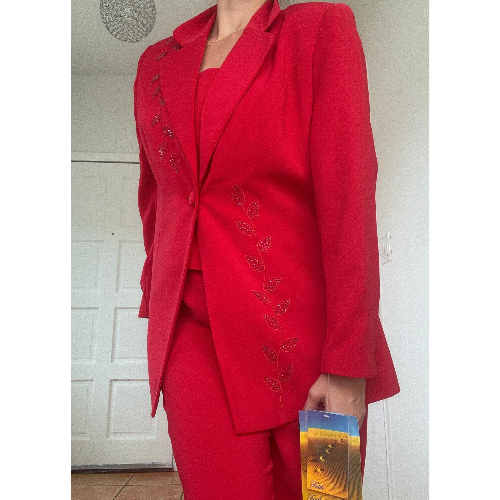 Faith Vintage Red Pant Suit Set Womens Size 14 Beaded Blazer Pants NWT