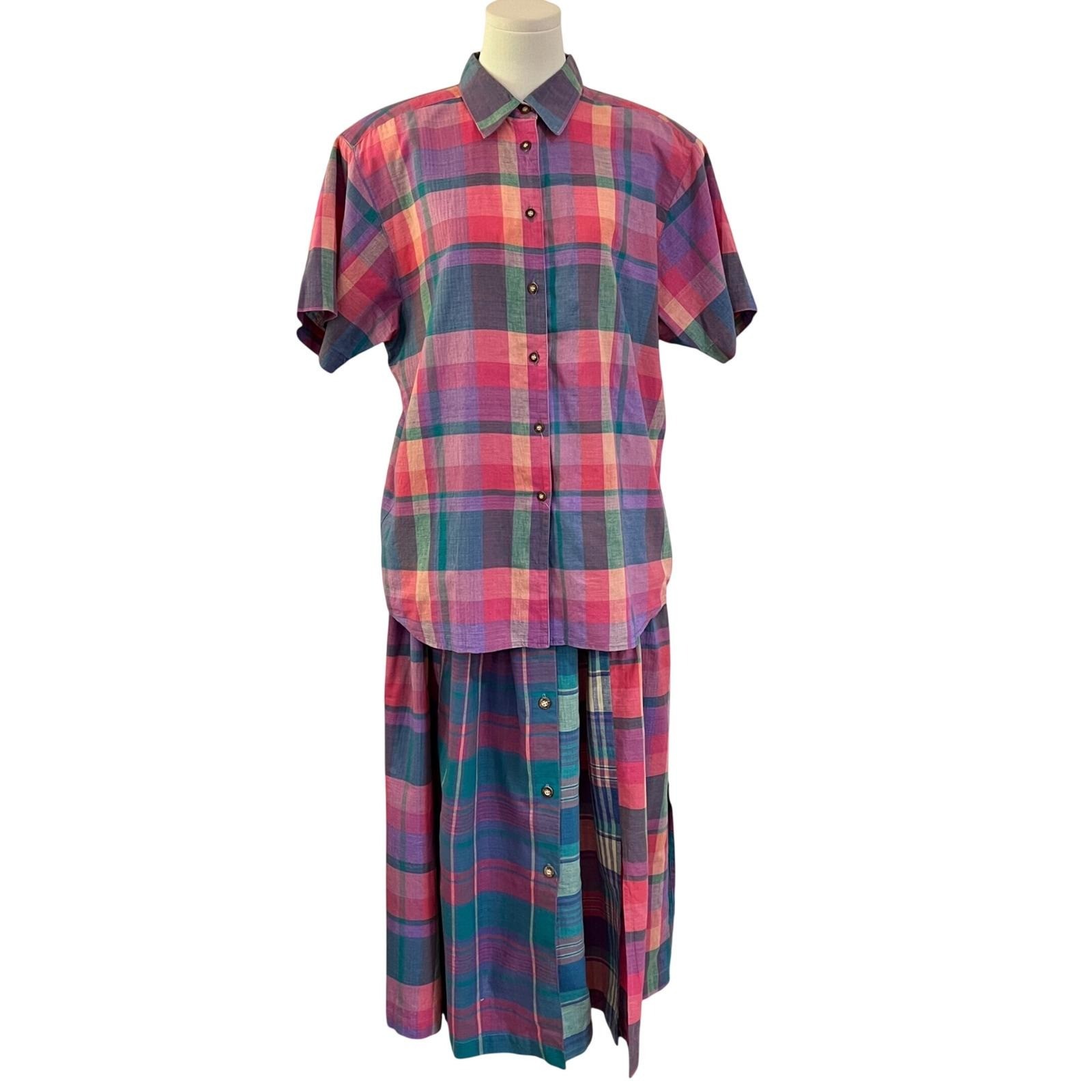 Vintage David Brooks Plaid Two Piece Skirt Set Pink Purple Cotton Preppy 90s 14