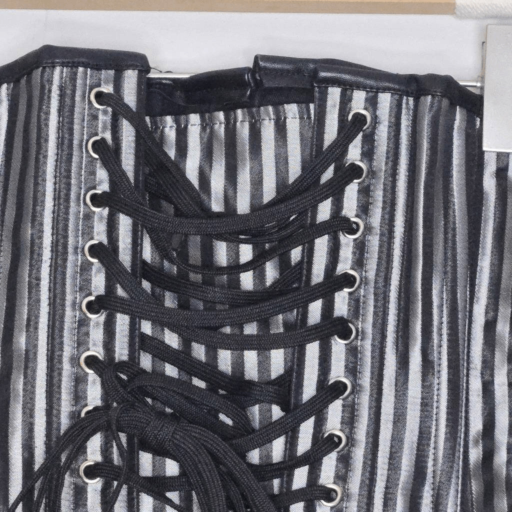 Silver Black Boned Corset Size 28 Stripe Button Chain Heavy Burlesque Steampunk
