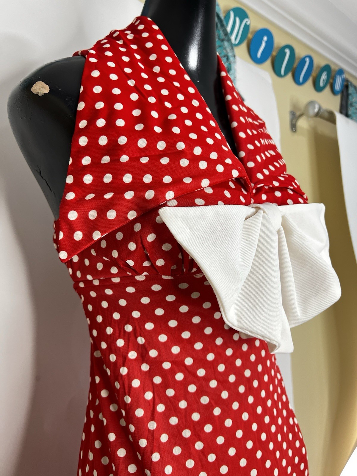 Jack Hartley Miami Vintage Dress Red White Polka Dot Sailor Stretch Halter Maxi
