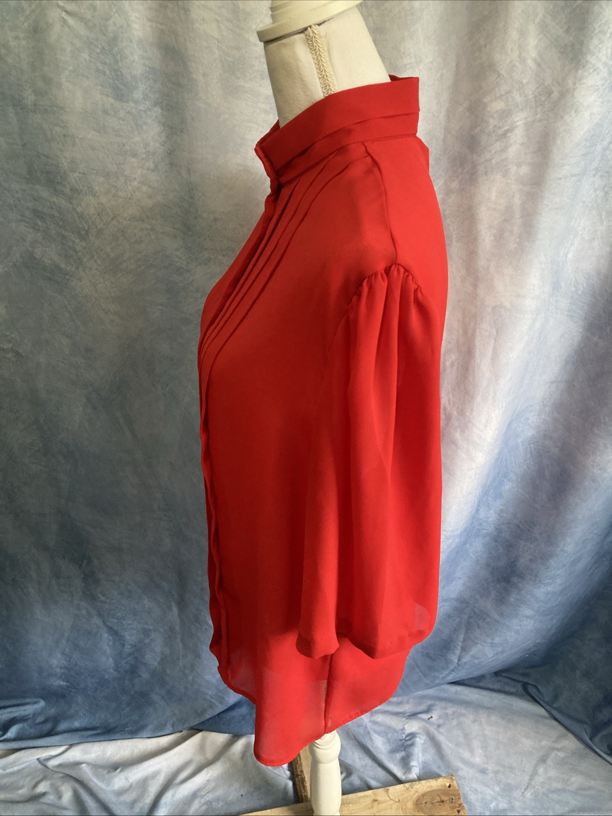 Vtg 80s Chadwyck Secretary Blouse 16 Red Pleats Tuxedo Crepe Sheer USA Mock Neck